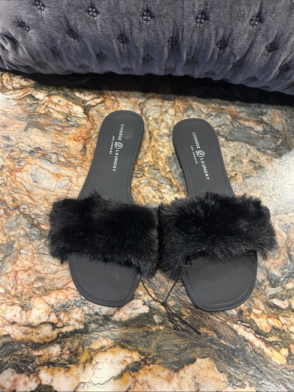 Chinese Laundry Black Faux Fur Slide Mule  Sandal